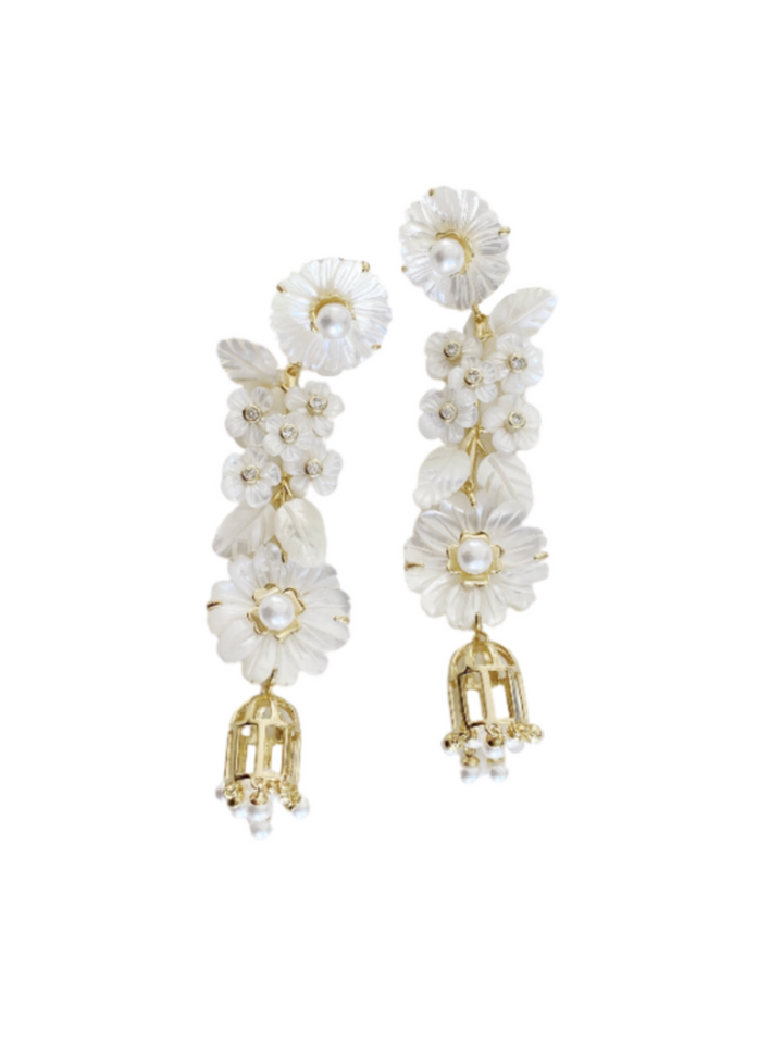 mother of pearl + pearl + bird cage earrings