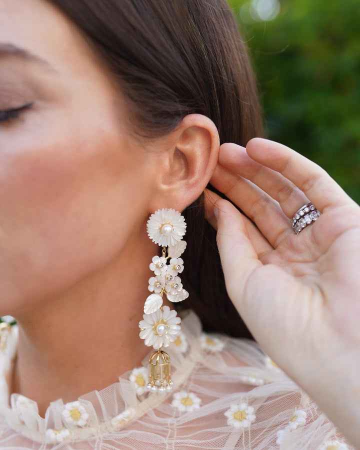 mother of pearl + pearl + bird cage earrings