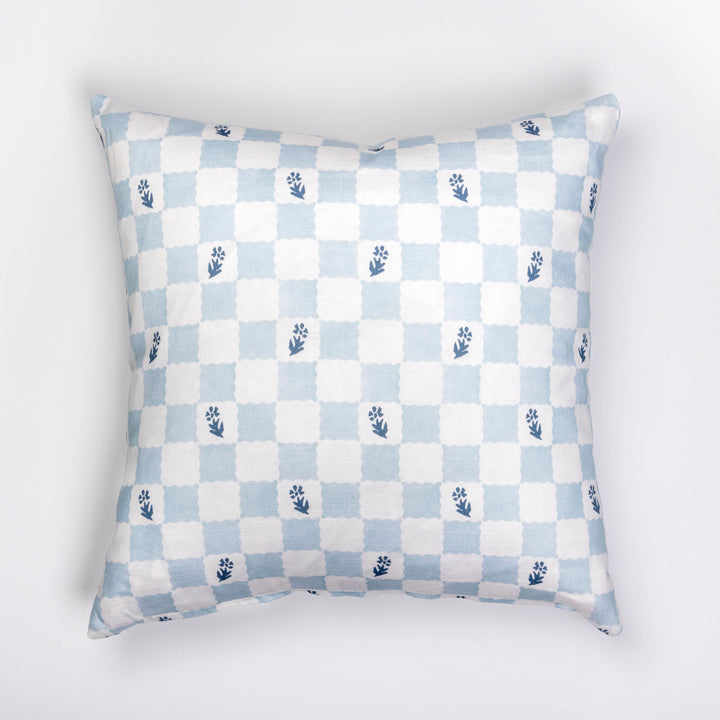 Pillow Cover - Check Fleur, Soft Blue