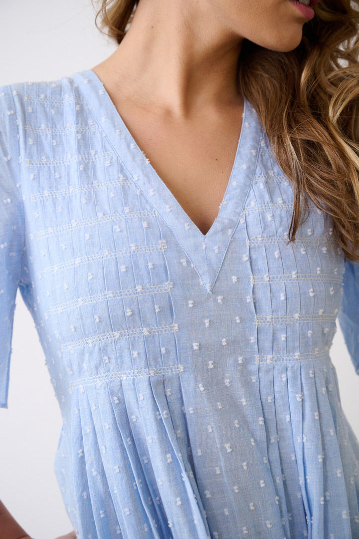 Mina Pleated Midi Dress - Indigo Swiss Dot