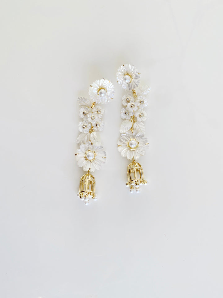 mother of pearl + pearl + bird cage earrings