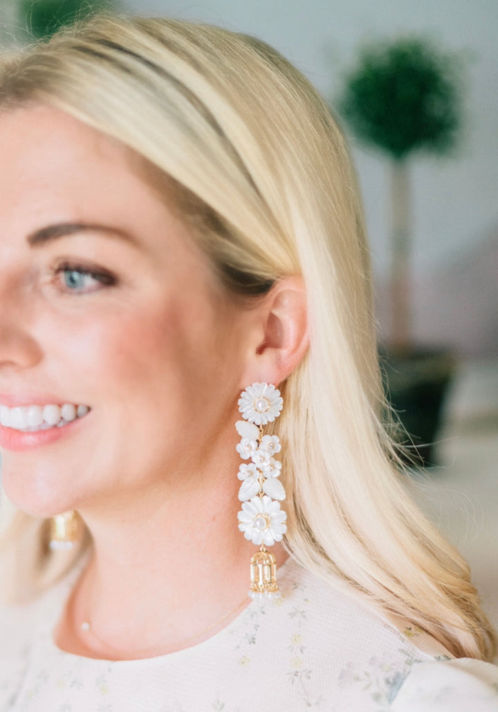 mother of pearl + pearl + bird cage earrings