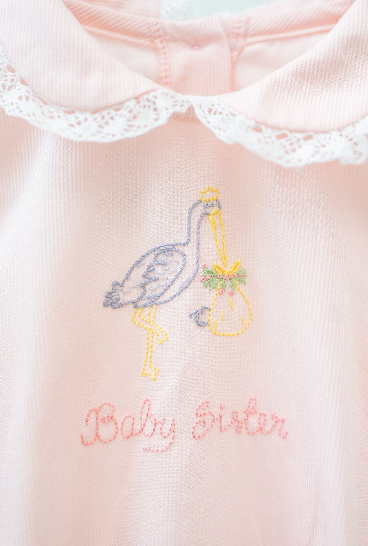 Little Baby Sister Embroidered Stork Bubble