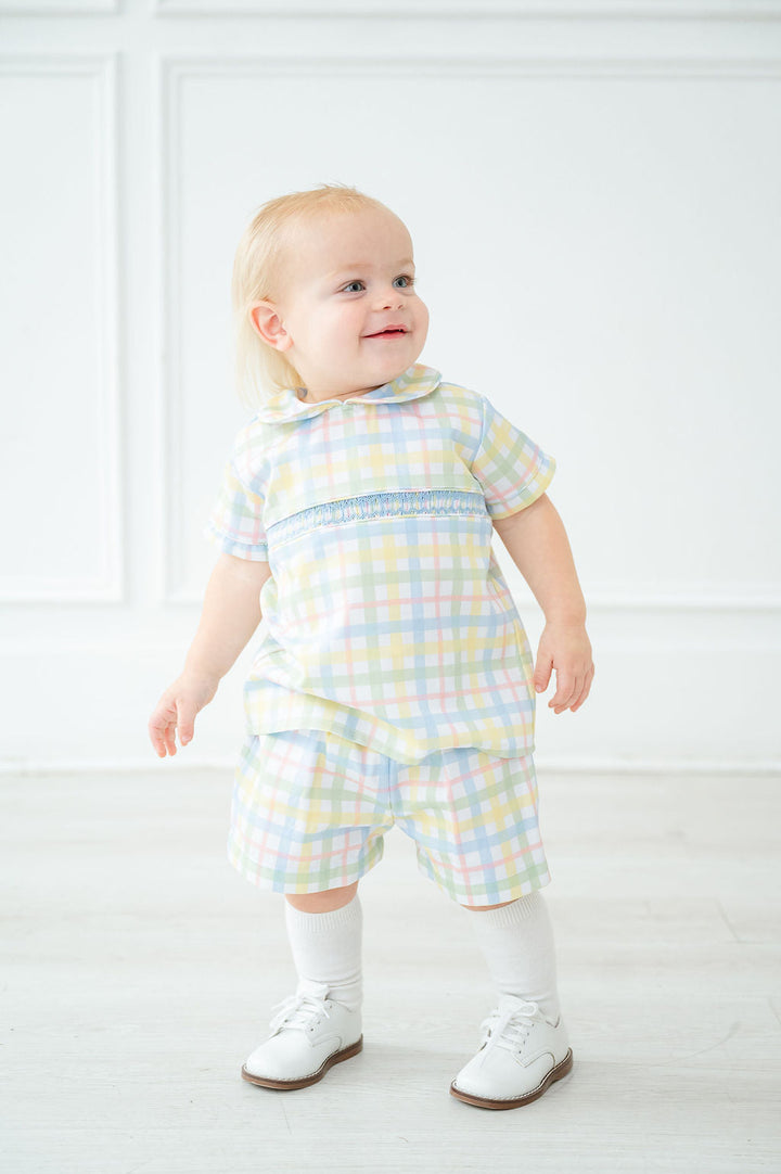 Pastel Smocked Easter Plaid Samuel Shirt/Shorts Set