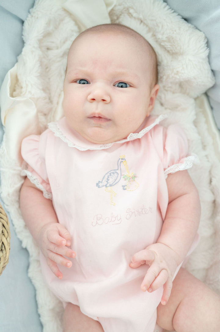 Little Baby Sister Embroidered Stork Bubble