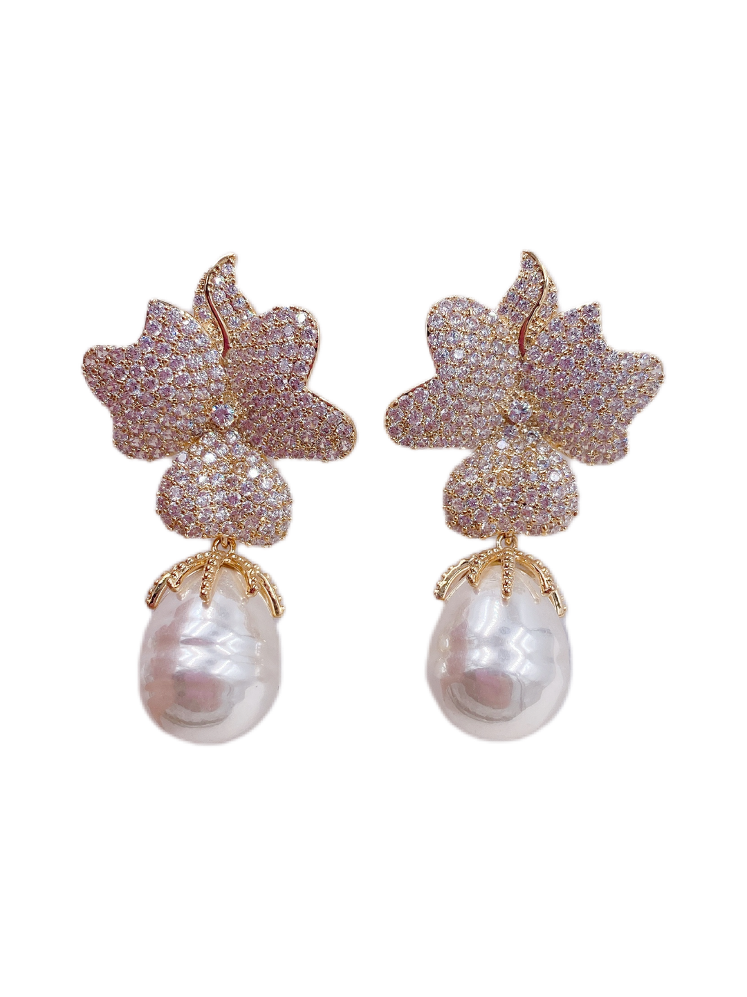 Elizabeth Floral Embellished Golden Pearl Drops