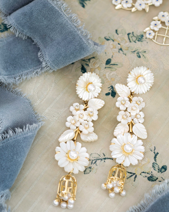 mother of pearl + pearl + bird cage earrings