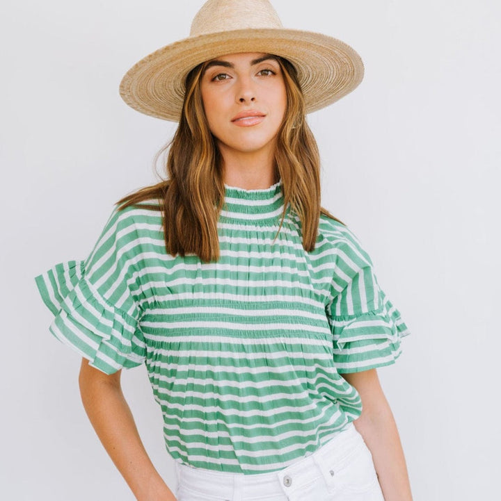 Green and White Stripe Flutter Top
