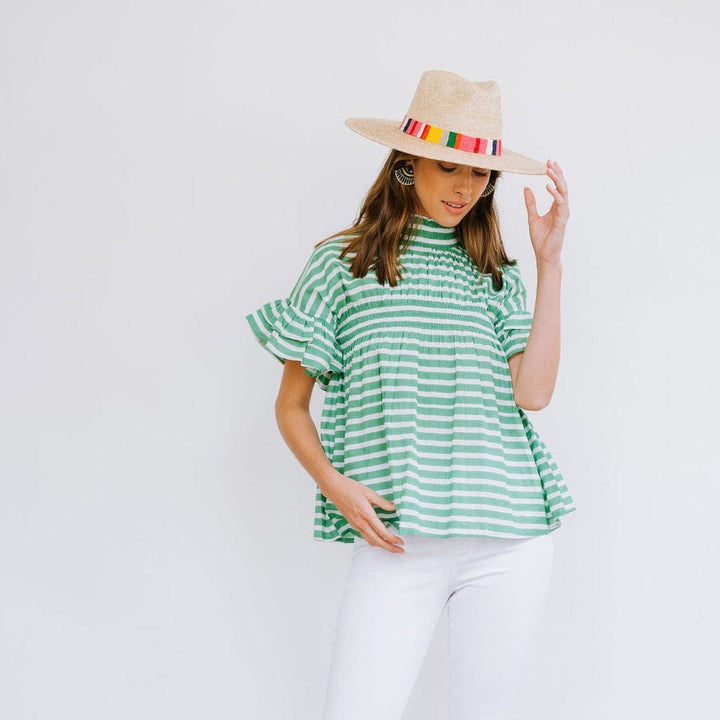 Green and White Stripe Flutter Top