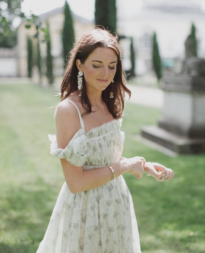 mother of pearl + pearl + bird cage earrings