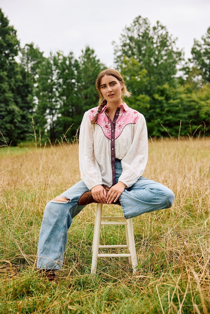 Western Blouse - Embroidered Wildflower Pink