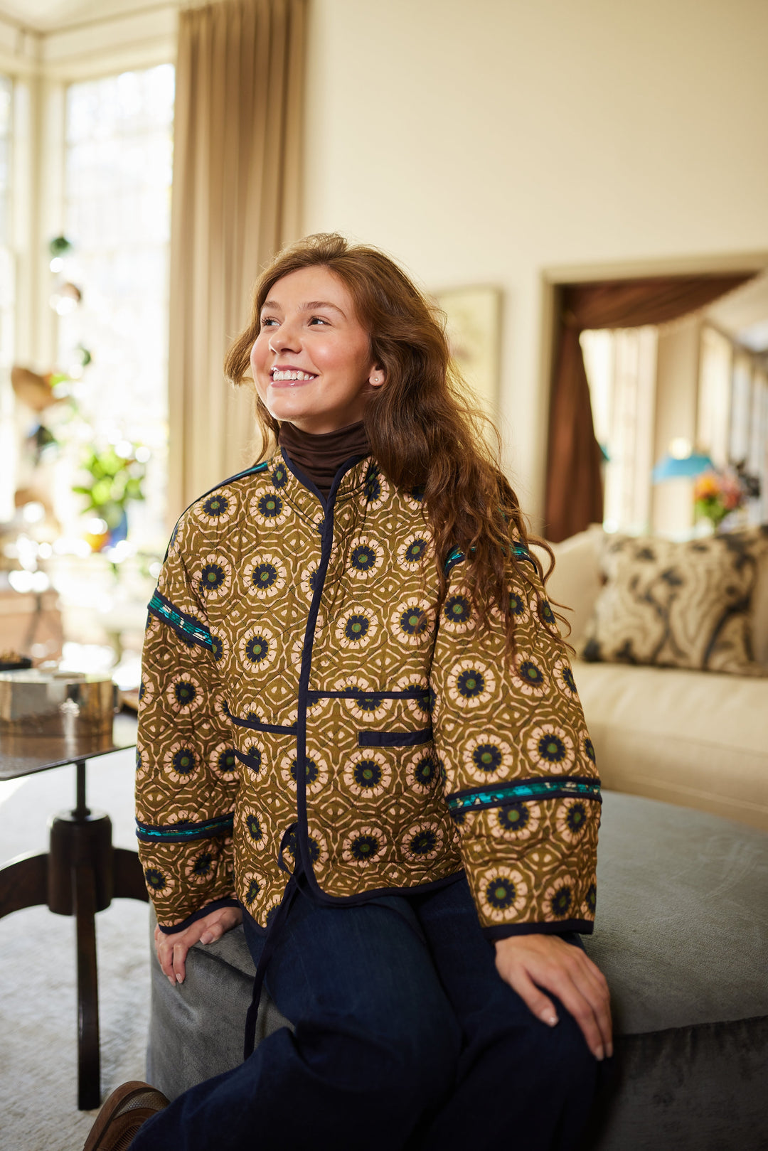 The Eloise Reversible Quilted Jacket - Poppy Teal & Dandelion Hunter Green