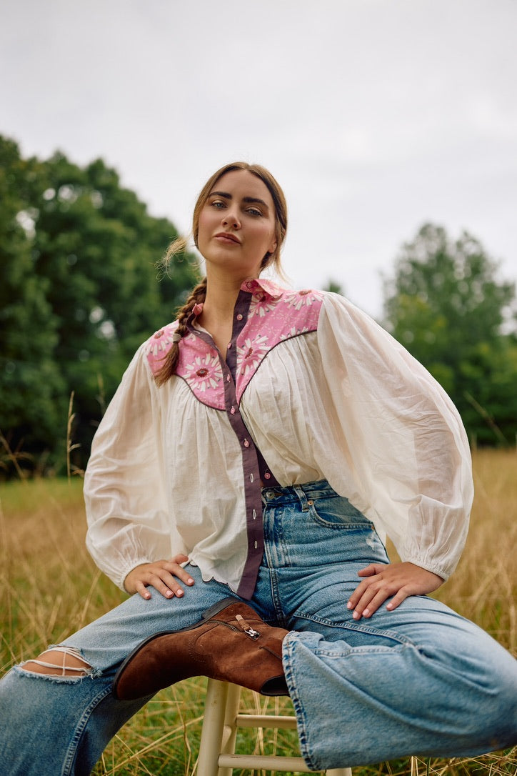 Western Blouse - Embroidered Wildflower Pink