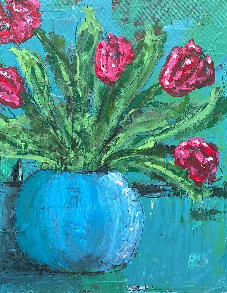 Vibrant painting of red tulips in a blue vase against a turquoise background, showcasing expressive brushstrokes and rich colors.