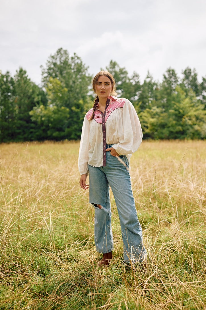 Western Blouse - Embroidered Wildflower Pink