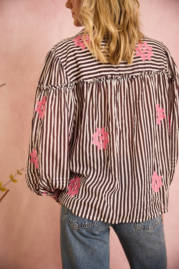 Frankie Blouse - Brown Stripe with Pink Embroidery