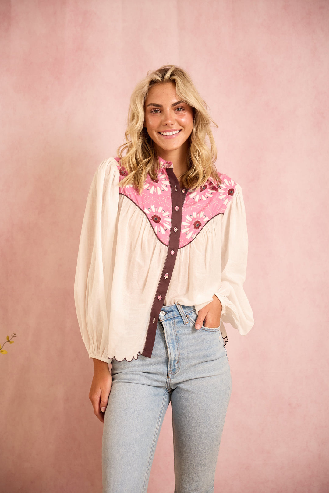 Western Blouse - Embroidered Wildflower Pink