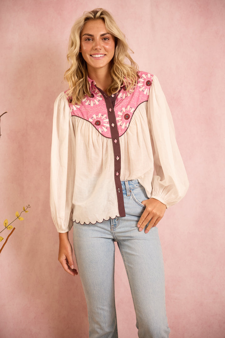 Western Blouse - Embroidered Wildflower Pink