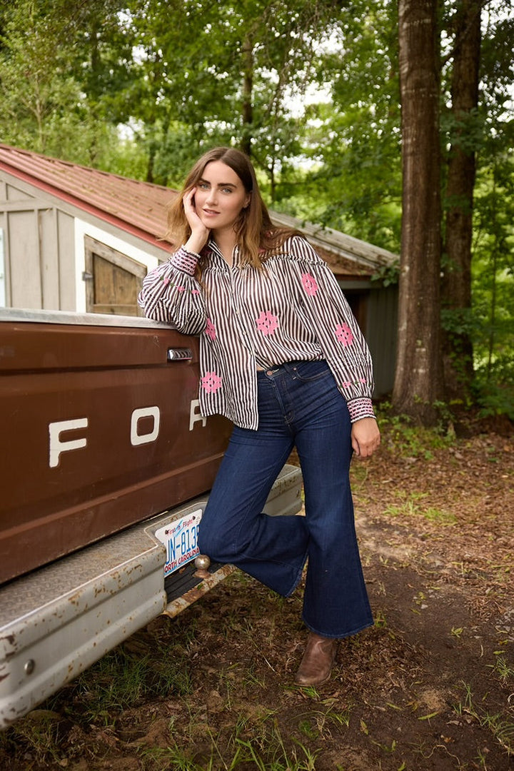 Frankie Blouse - Brown Stripe with Pink Embroidery