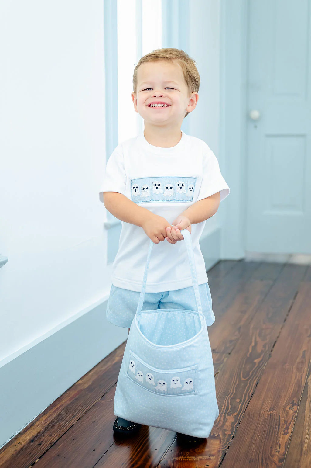 Blue Ghosts Smocked Treat Bag