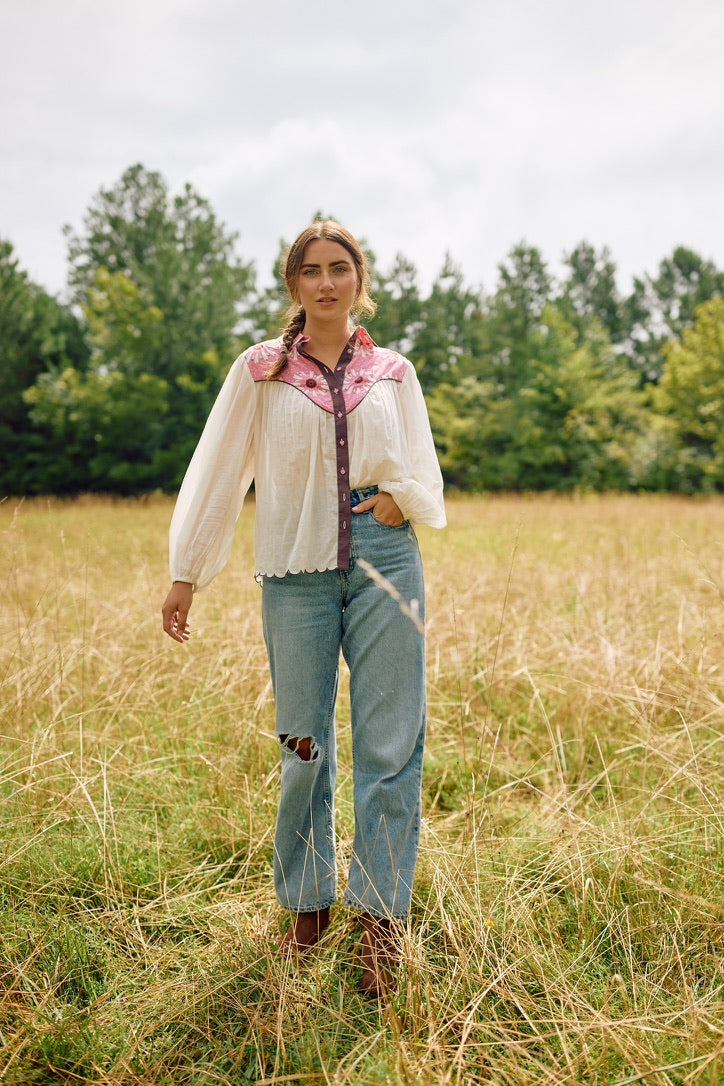 Western Blouse - Embroidered Wildflower Pink