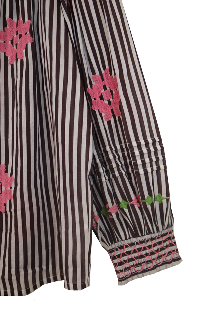 Frankie Blouse - Brown Stripe with Pink Embroidery