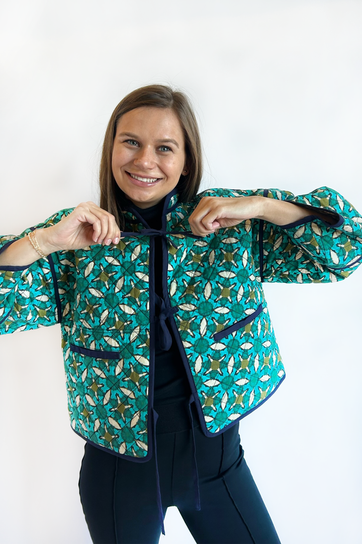 The Eloise Reversible Quilted Jacket - Poppy Teal & Dandelion Hunter Green