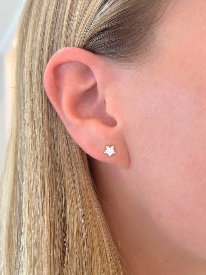 Kid Enamel White Star Stud Earring 14K