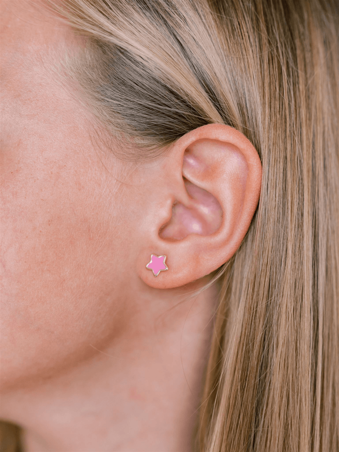 Kid Enamel Pink Star Stud Earring 14K