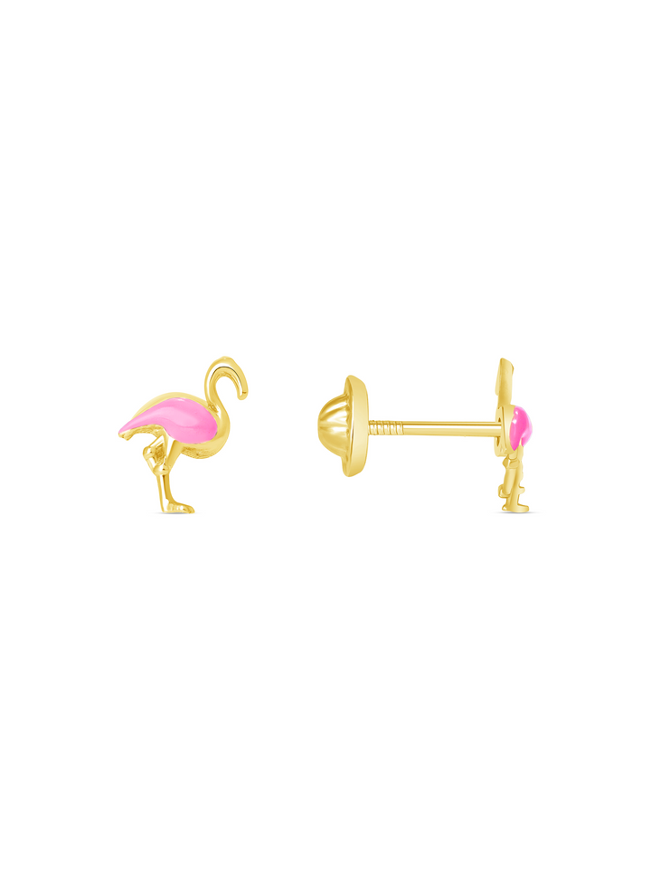 Kid Pink Flamingo Stud Earrings 14K