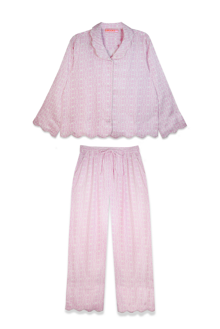 Scalloped Pajama Set Long - Light Pink Chintz