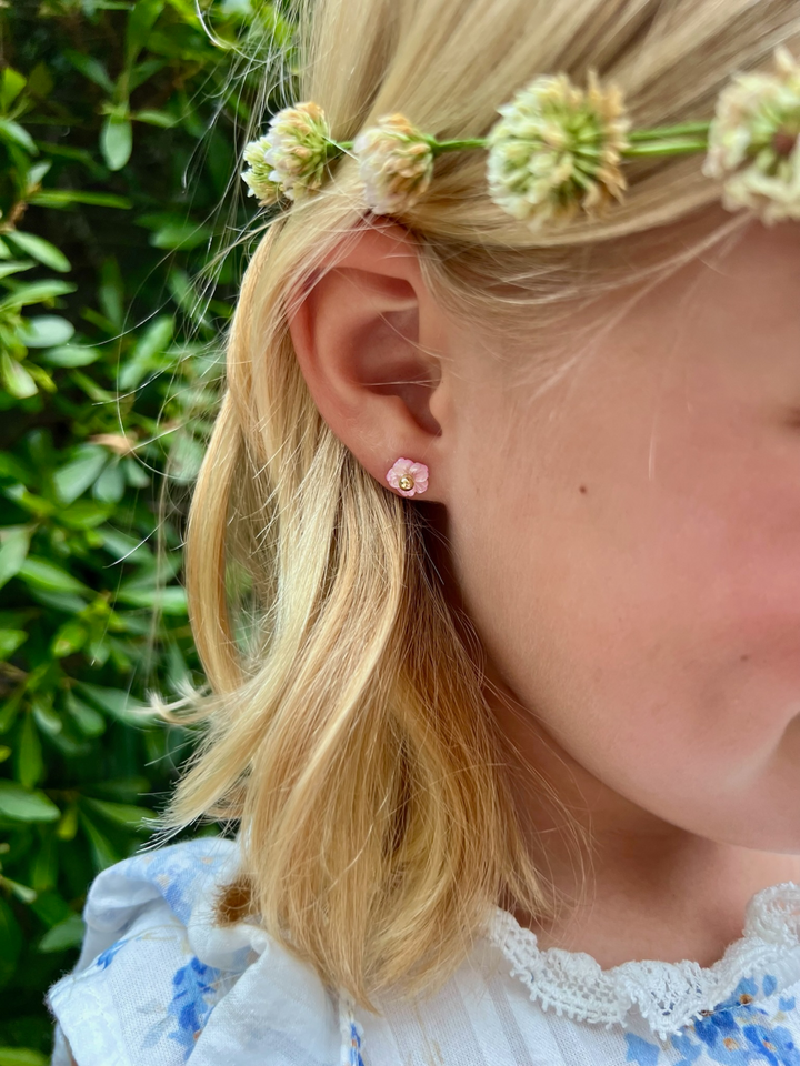 Kid Pink Pearl Flower Stud Earrings 14K