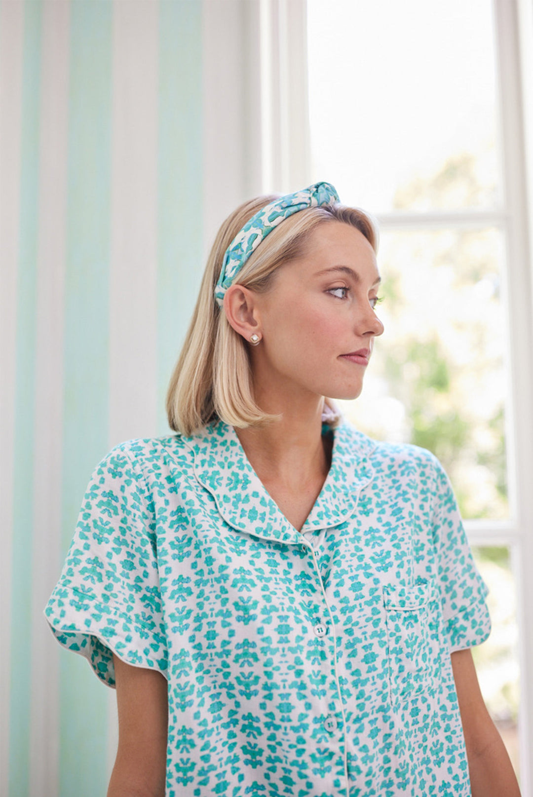 Scalloped Pajama Set Short - Teal Chintz